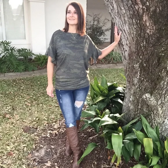 Camouflage Ribbed Ruffle Off Shoulder Dolman Top Green 0919 - Picture 8 of 12